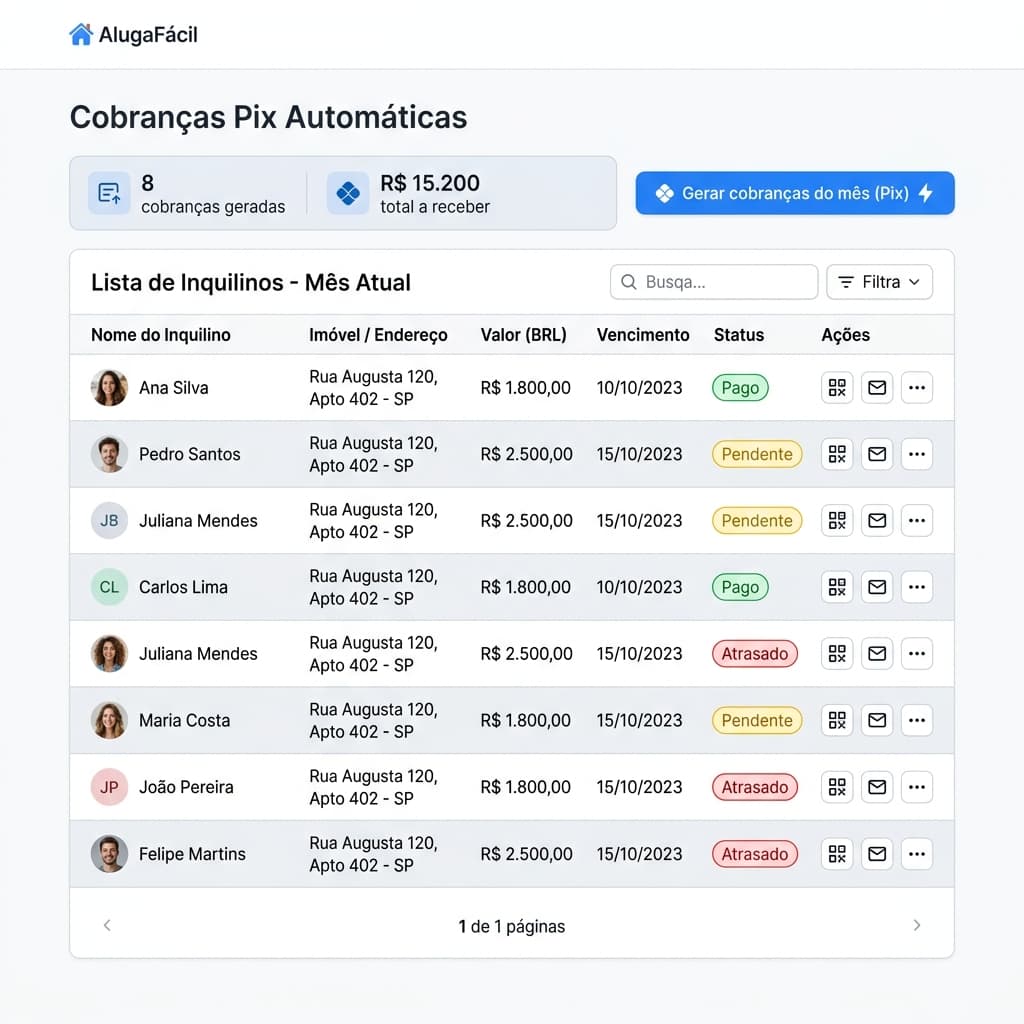 Tela de cobranças automáticas do Inkilino com lista de inquilinos e status de pagamento