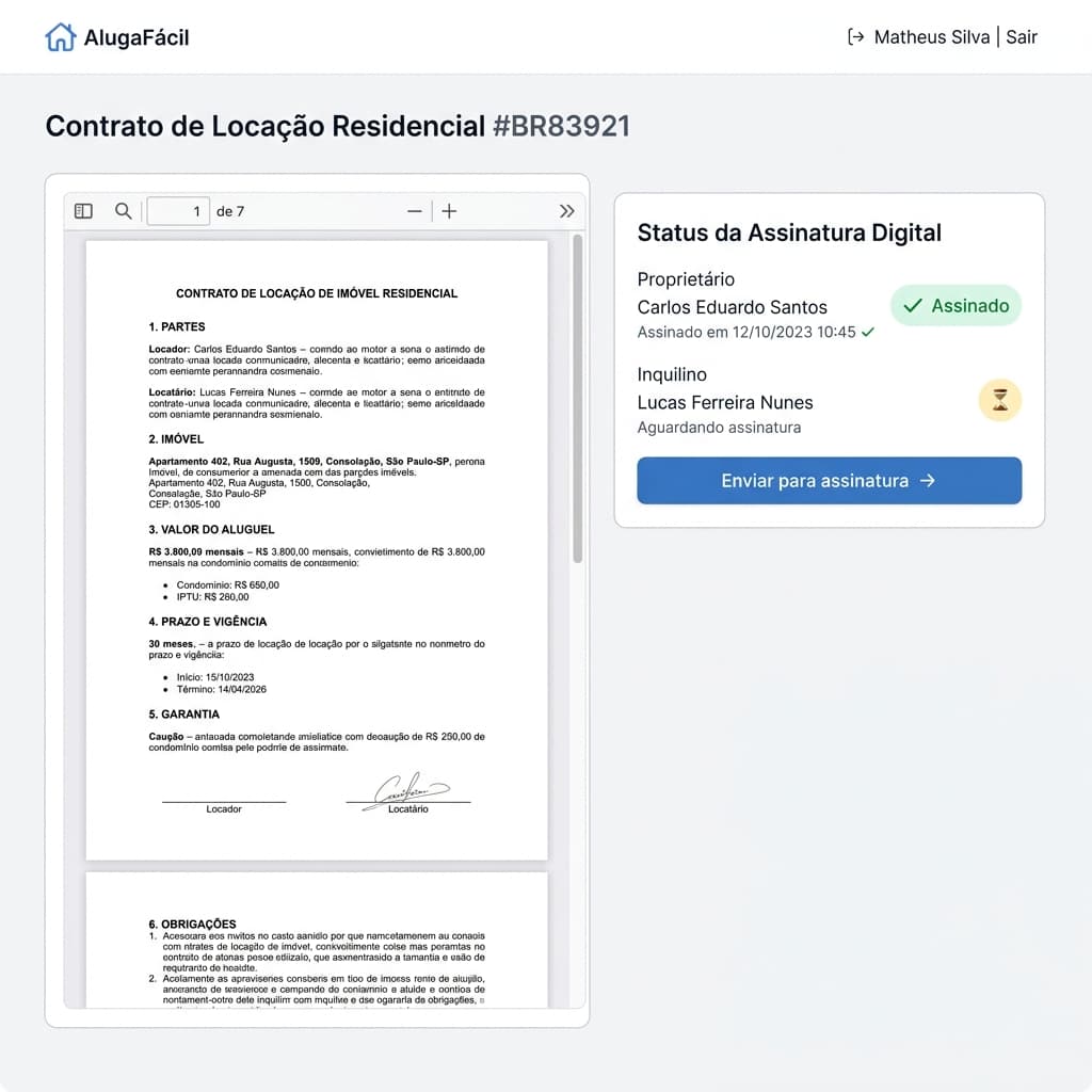 Tela de contrato digital com assinatura eletrônica no Inkilino